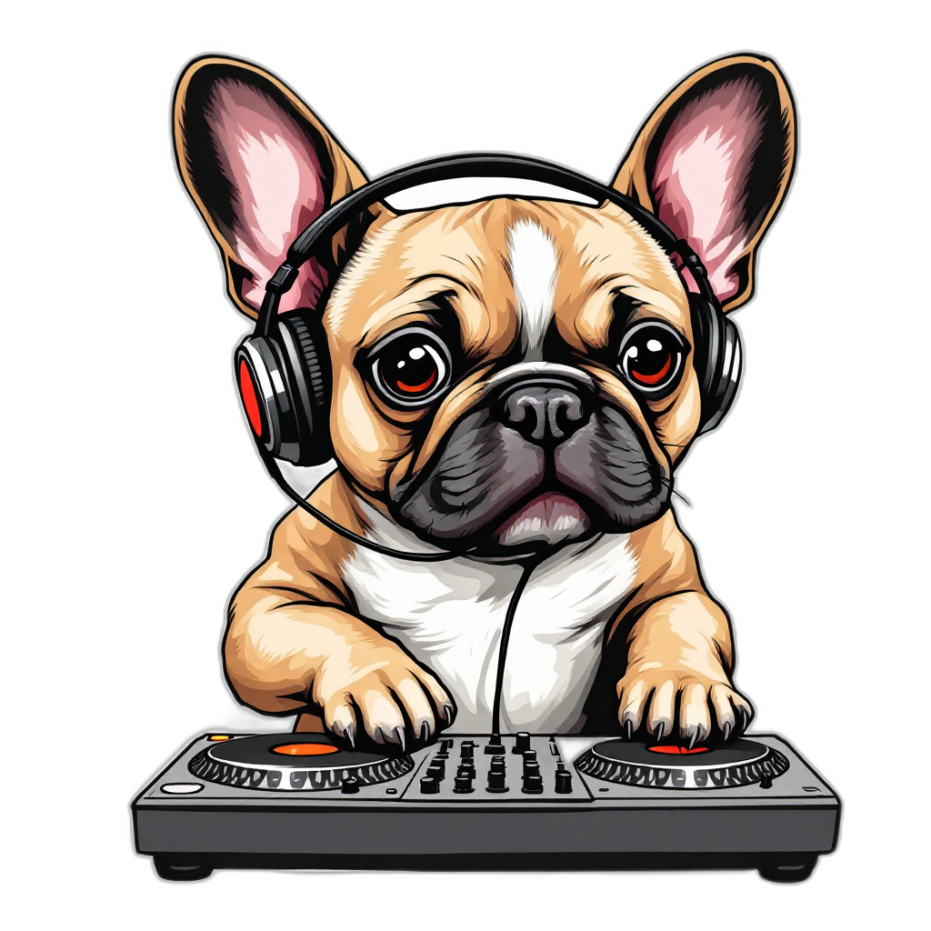 french bulldog as a DJ with headphones and turntables