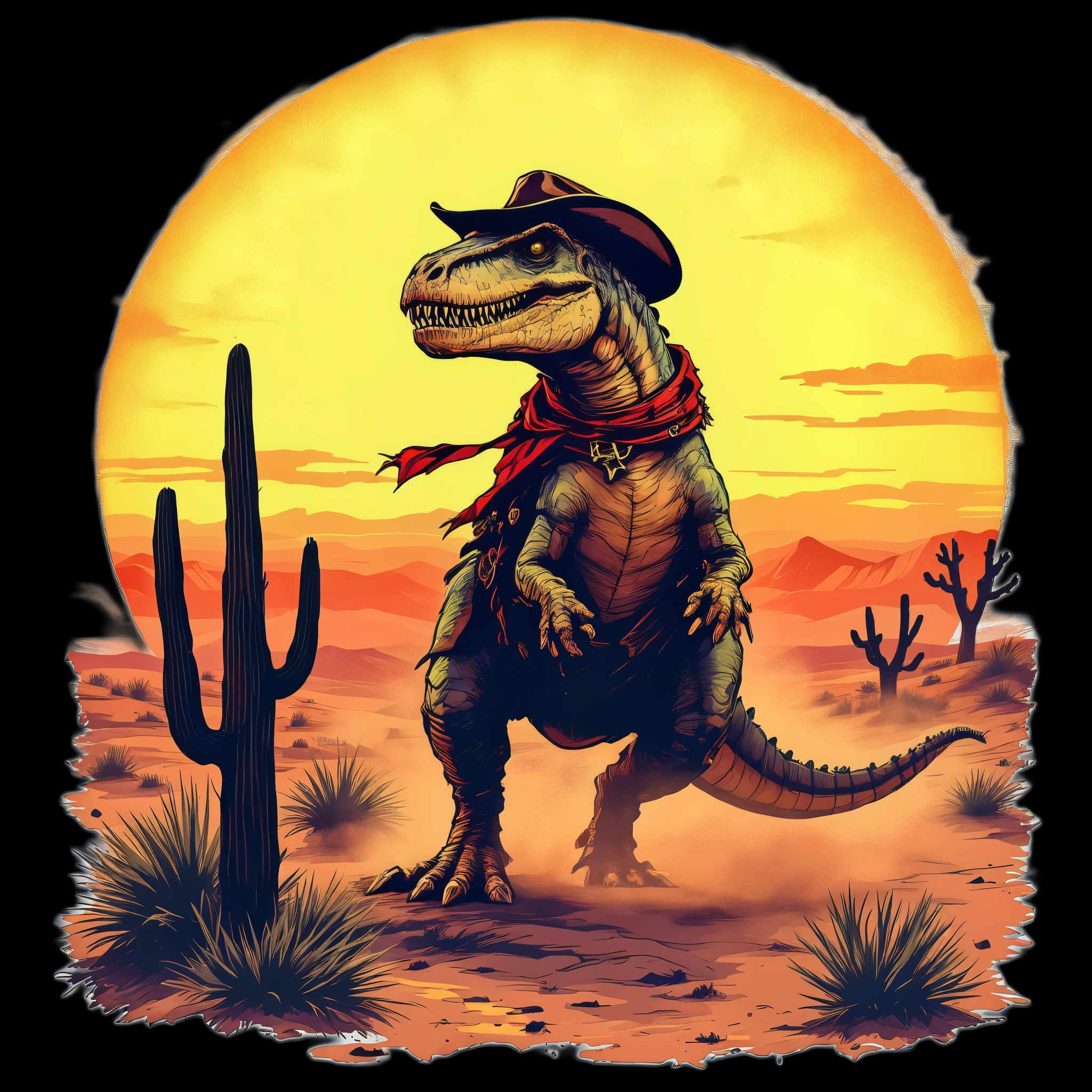 cowboy T-Rex riding into desert sunset in vintage style, pure white background,
